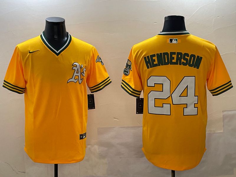Men Oakland Athletics #24 Henderson Yellow Throwback Game 2025 Nike MLB Jersey style 1